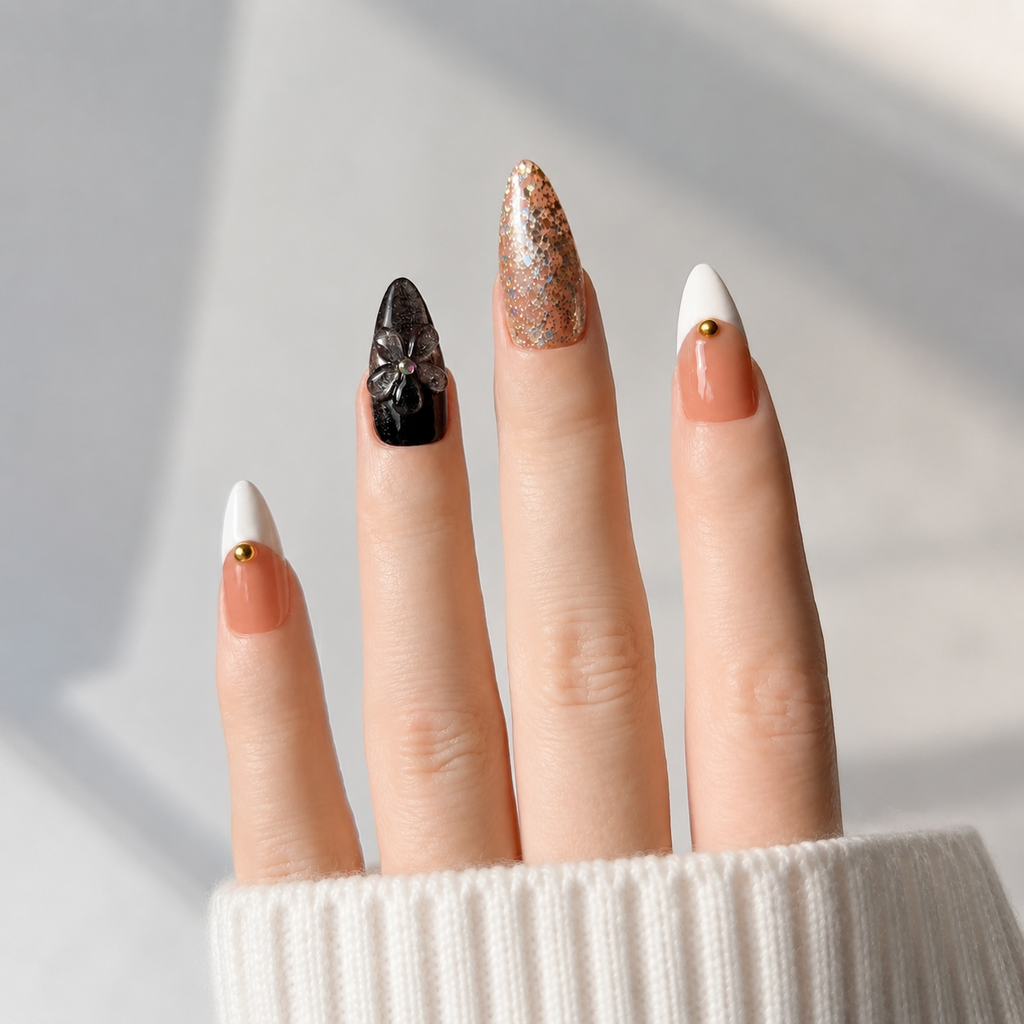 -Handmade espresso brown & black with 3D floral design, glitter gradient & gold accent medium almond nailsMocha Noir A015