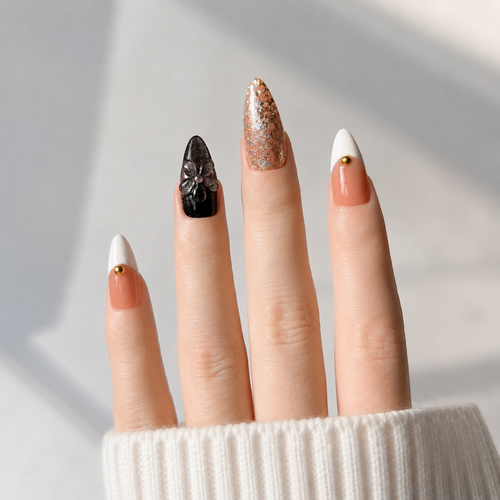 -Handmade espresso brown & black with 3D floral design, glitter gradient & gold accent medium almond nailsMocha Noir A015