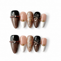 -Handmade espresso brown & black with 3D floral design, glitter gradient & gold accent medium almond nailsMocha Noir A015