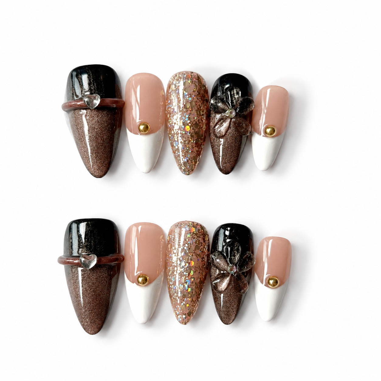 -Handmade espresso brown & black with 3D floral design, glitter gradient & gold accent medium almond nailsMocha Noir A015