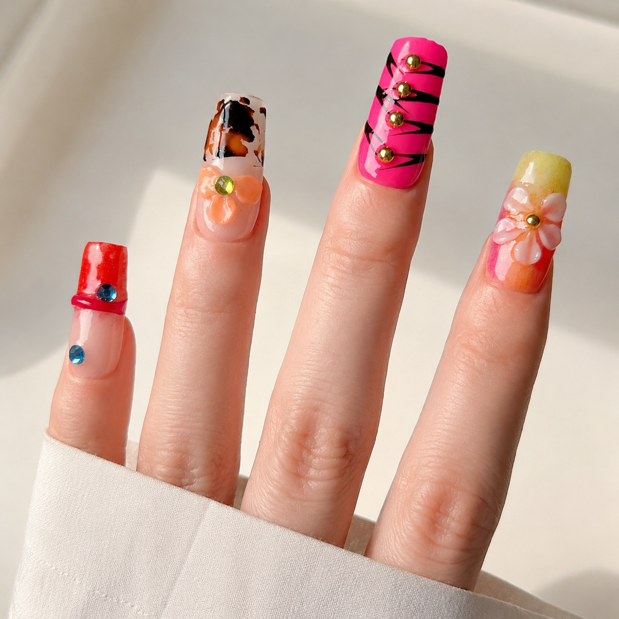 Handmade medium coffin floral rhinestone glitter blue pink design acrylic nails full cover nails-Neon Mosaic A017
