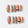 Handmade medium almond peach cat eye & pastel blue with 3D flower bow accent nails-Blue Signal A010