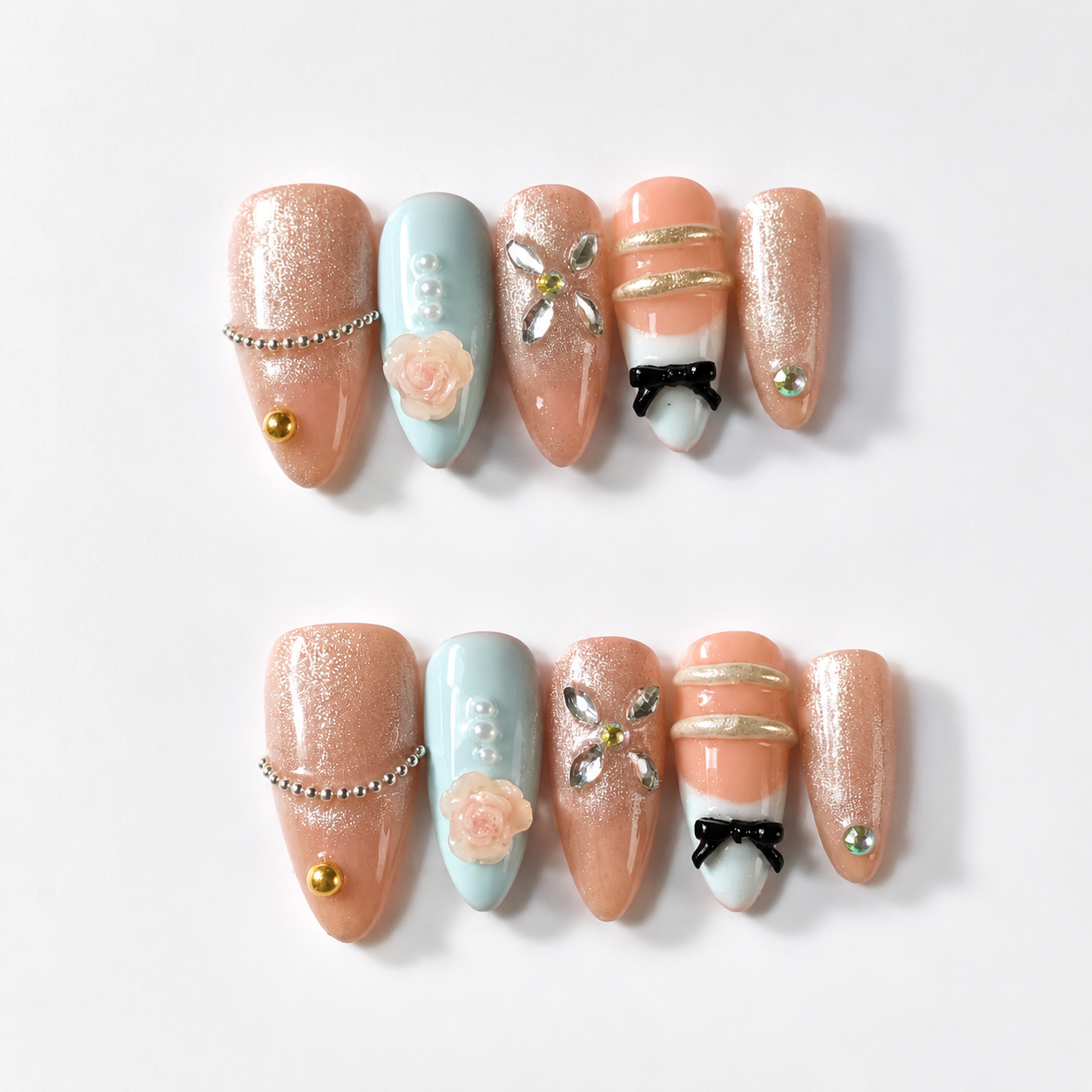 Handmade medium almond peach cat eye & pastel blue with 3D flower bow accent nails-Blue Signal A010