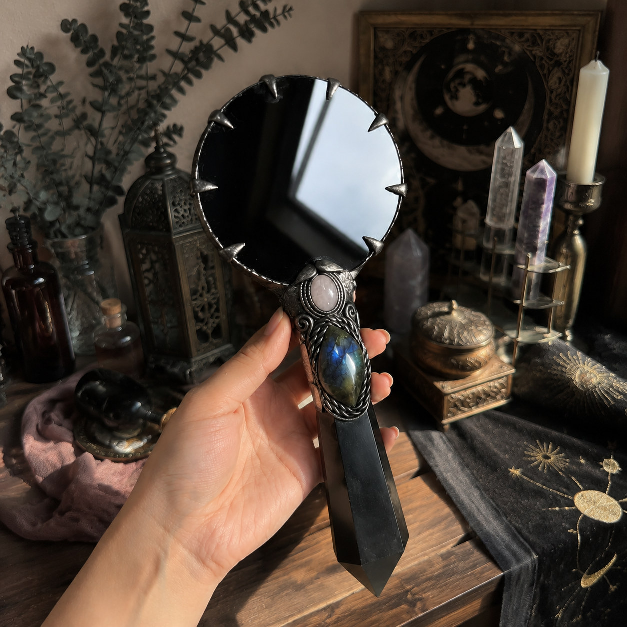 Obsidian crystal hand mirror – labradorite & lepidolite gothic scrying wand mirror C004