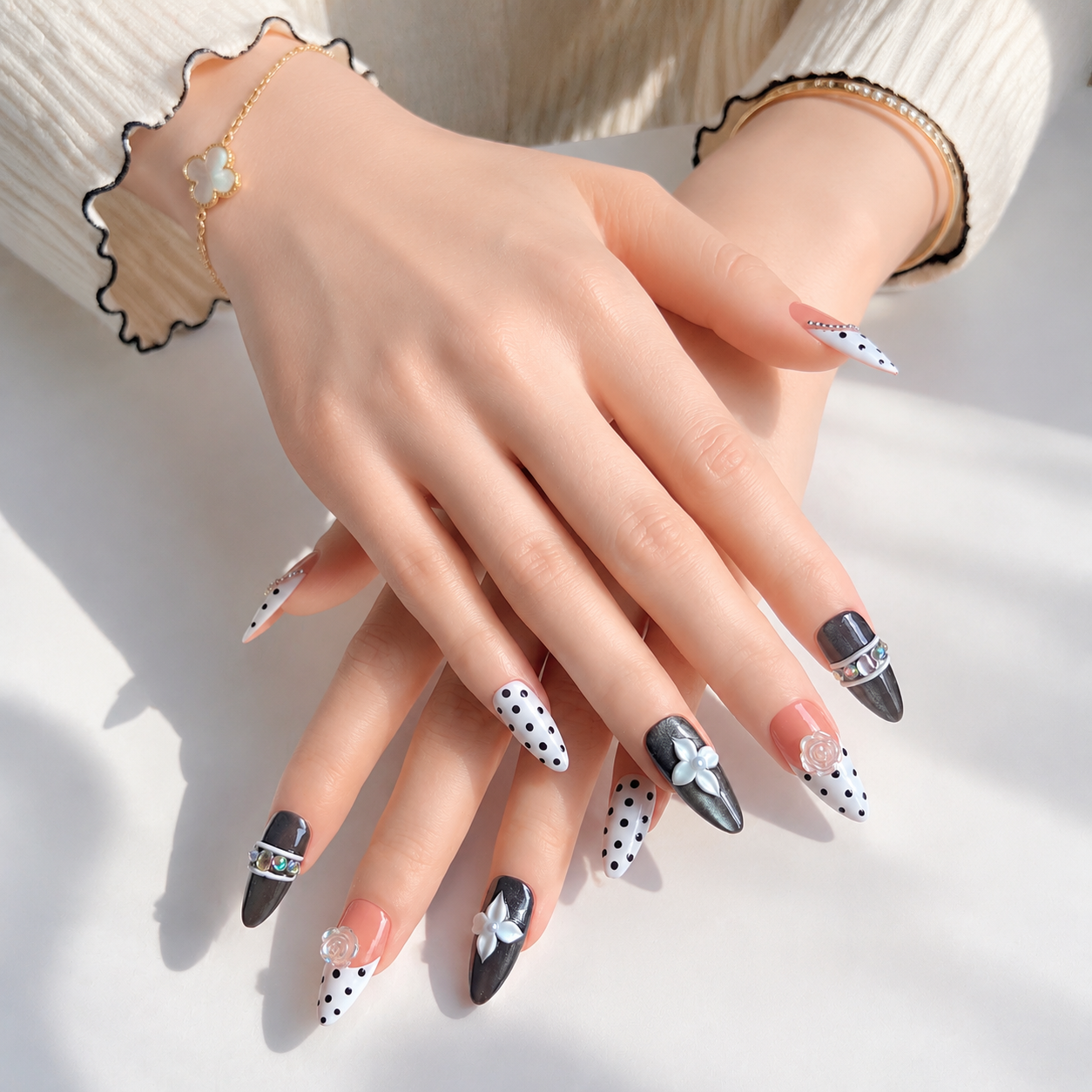 Vintage handmade medium almond black white polka dot nails& pearl flower design with luxury 3D flower