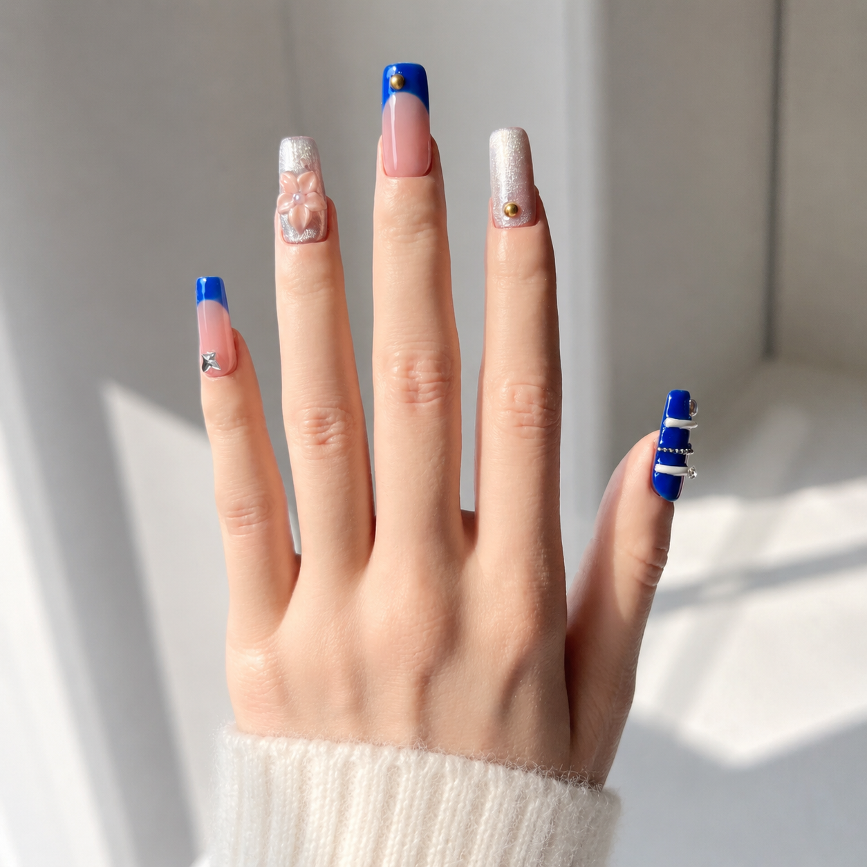 Handmade royal blue & silver glam with 3D flower medium coffin nails gold accent design-Blue Bloom A016
