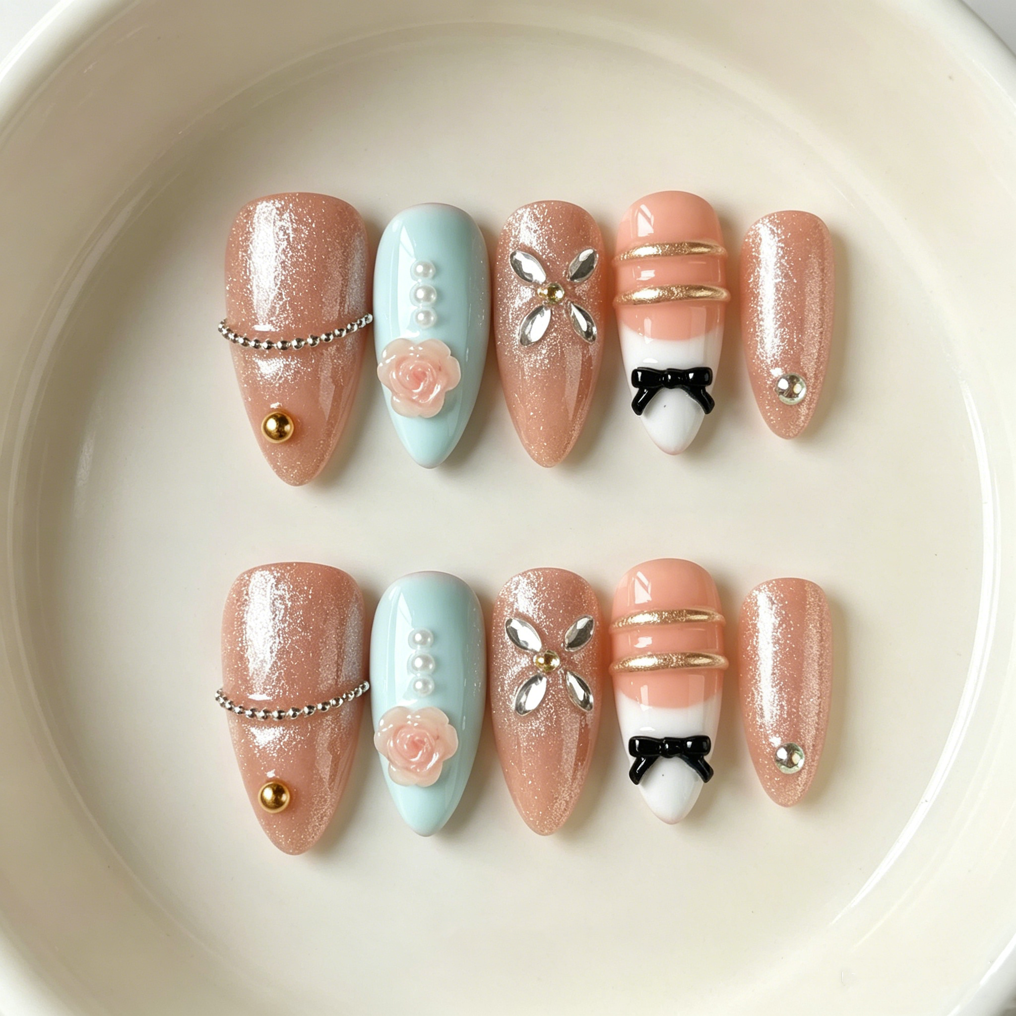 Handmade medium almond peach cat eye & pastel blue with 3D flower bow accent nails-Blue Signal A010