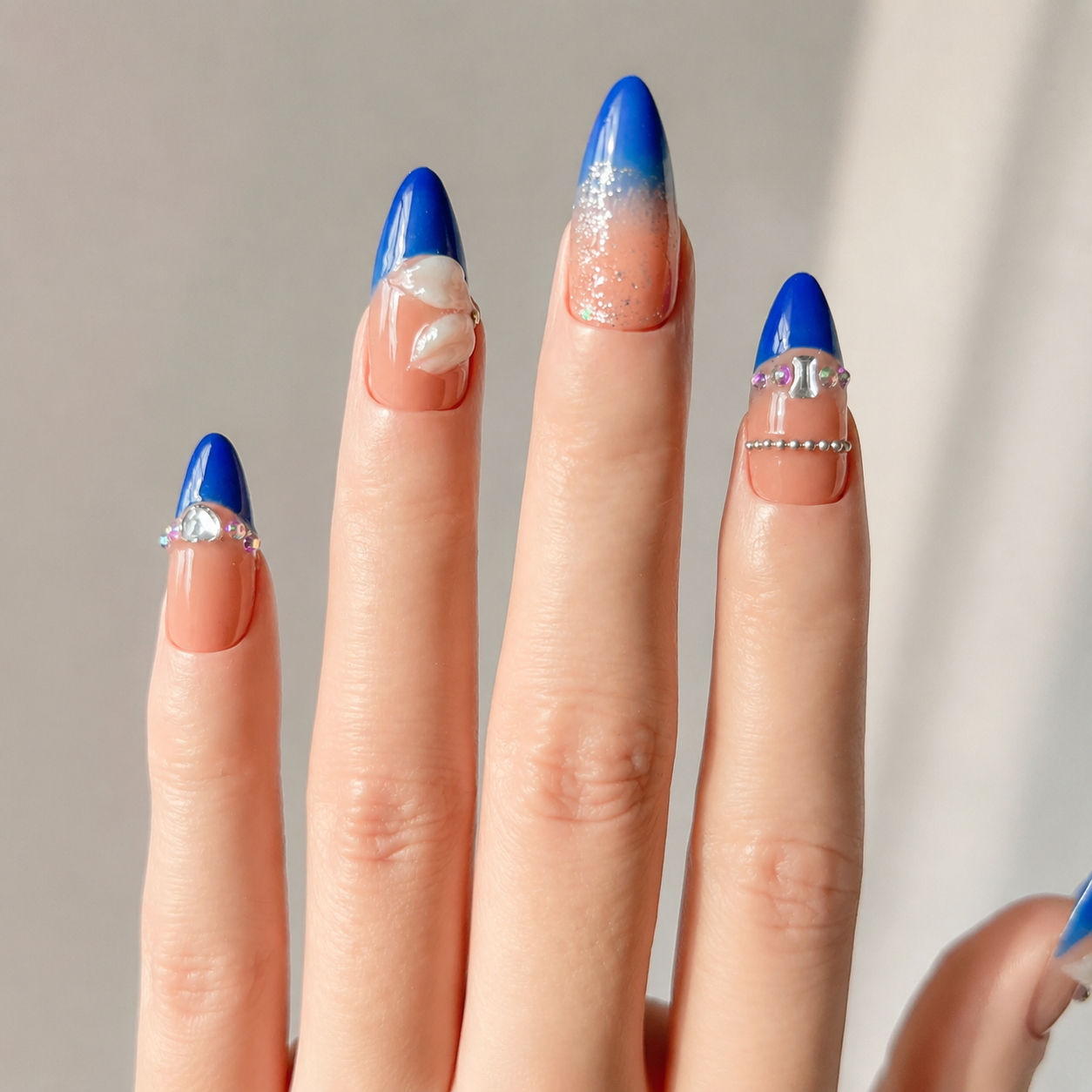 Handmade blue french 3D flower rhinestone medium almond nails-Electric Riviera A009