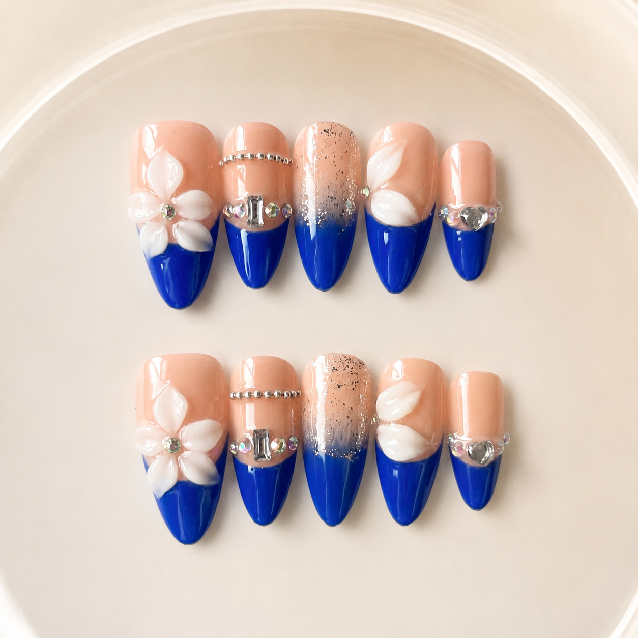 Handmade blue french 3D flower rhinestone medium almond nails-Electric Riviera A009
