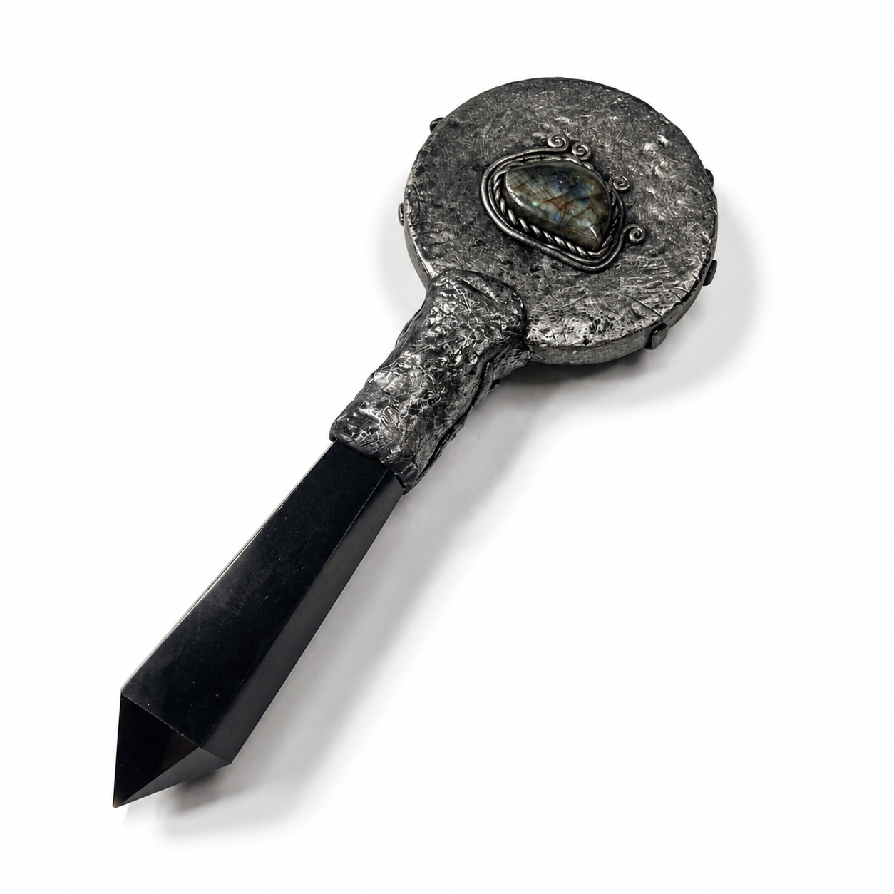 Obsidian crystal hand mirror – labradorite & lepidolite gothic scrying wand mirror C004