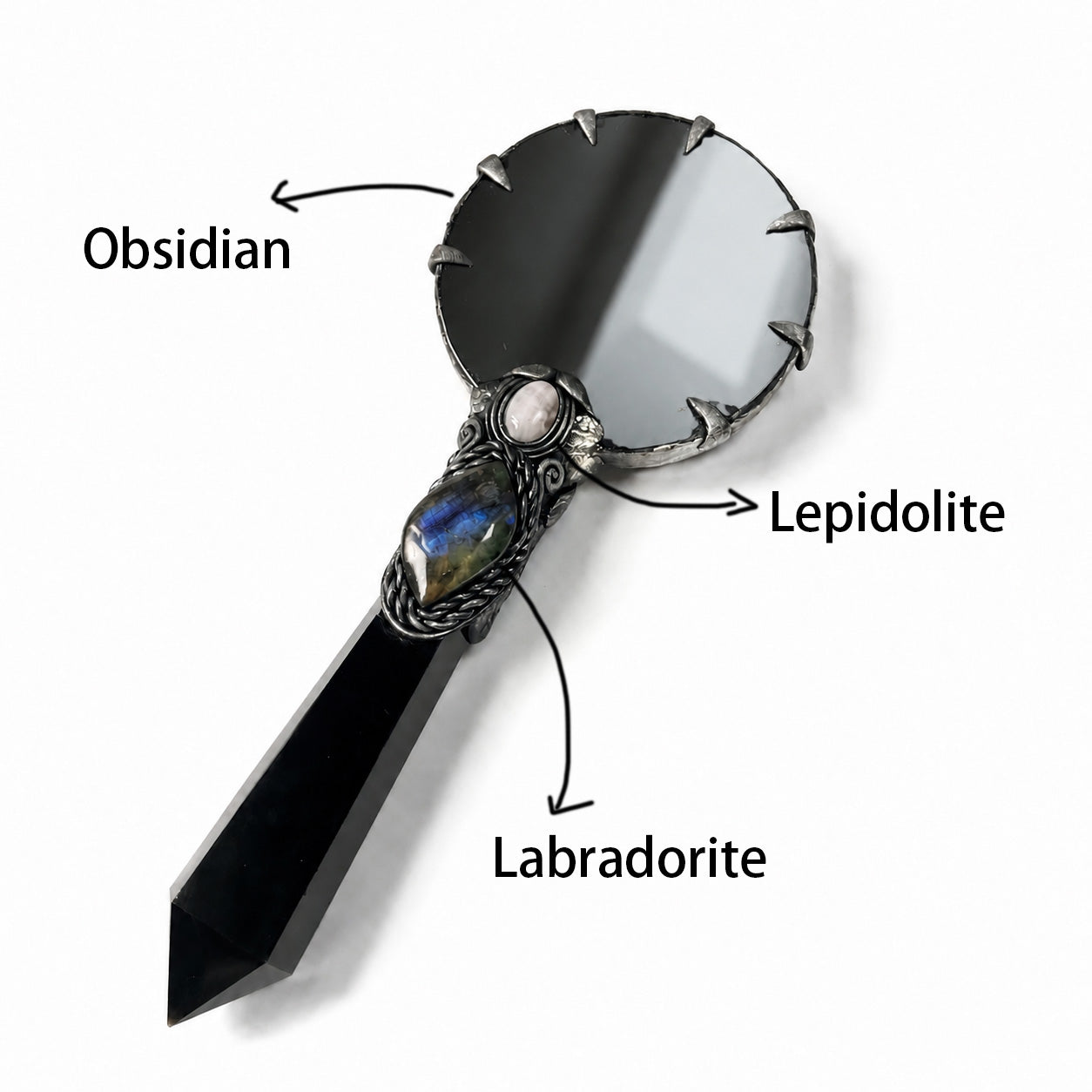 Obsidian crystal hand mirror – labradorite & lepidolite gothic scrying wand mirror C004