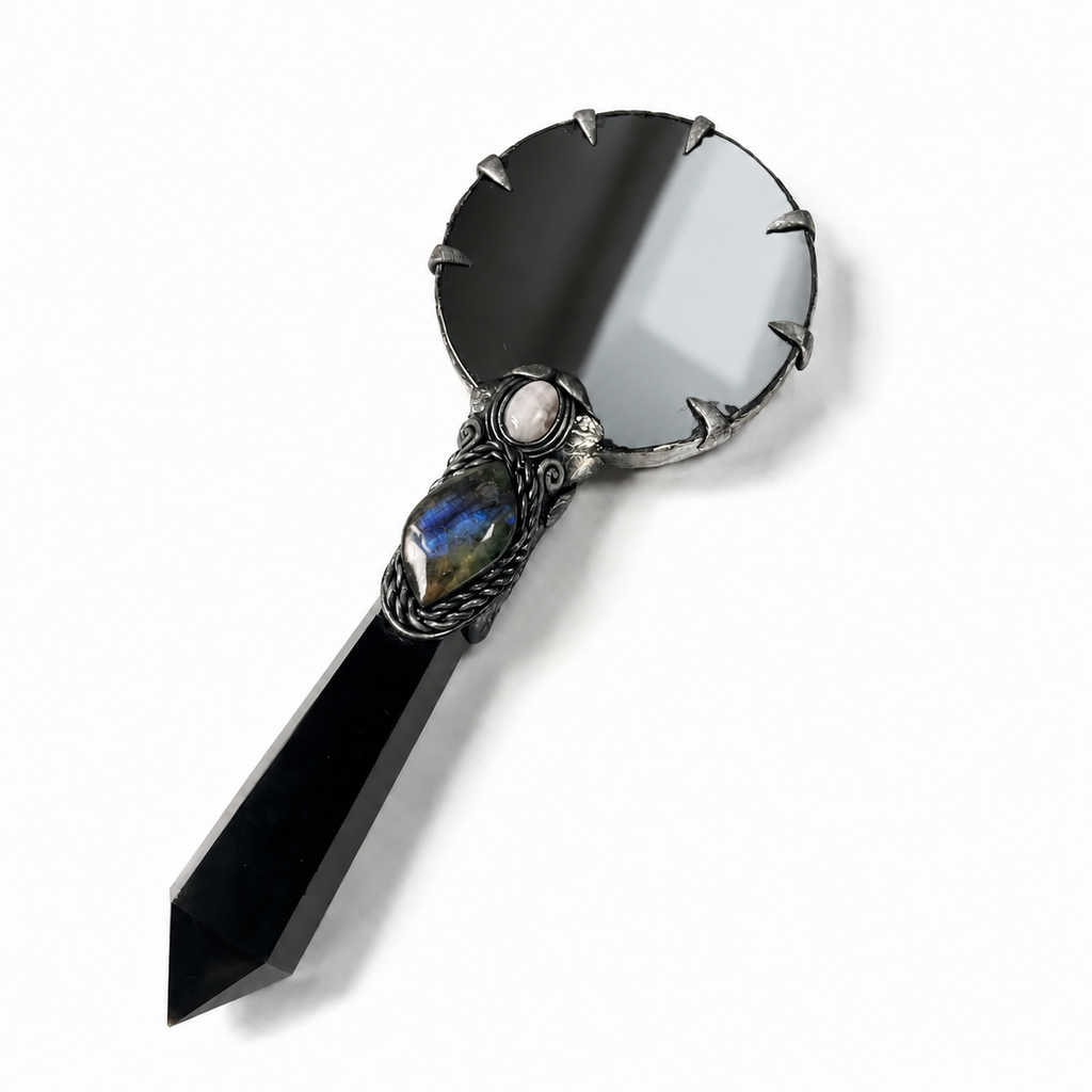 Obsidian crystal hand mirror – labradorite & lepidolite gothic scrying wand mirror C004