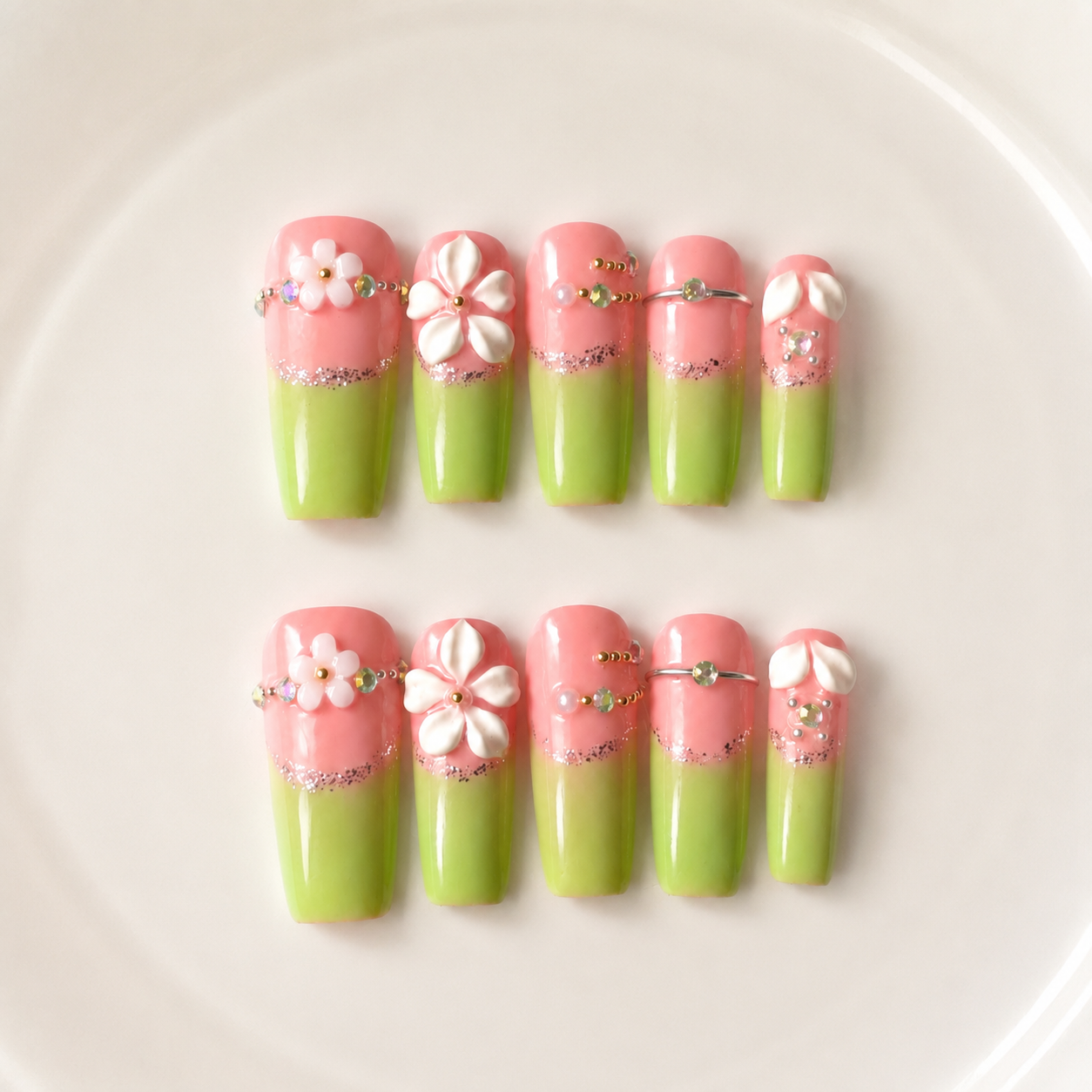 Handmade medium coffin neon pink & lime green Press with 3D floral rhinestone summer nails-Green party A011