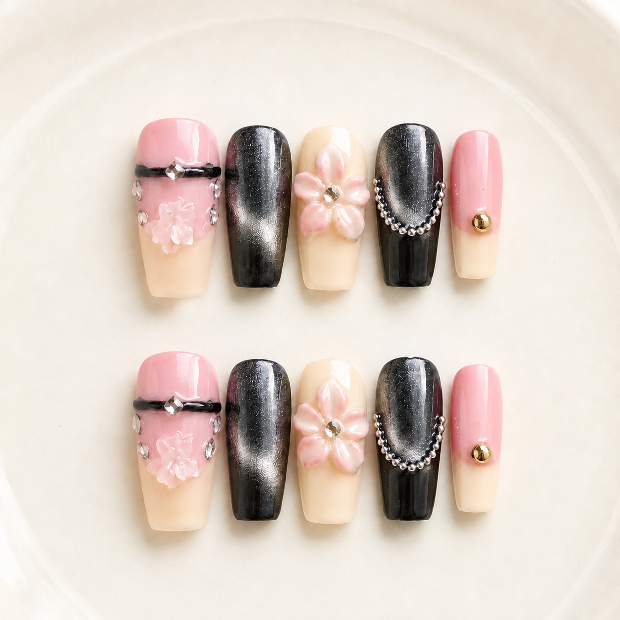 Vintage handmade medium coffin black cat eye& nude press on nails – 3D floral Pearl chain design-Rosé Nocturne A012