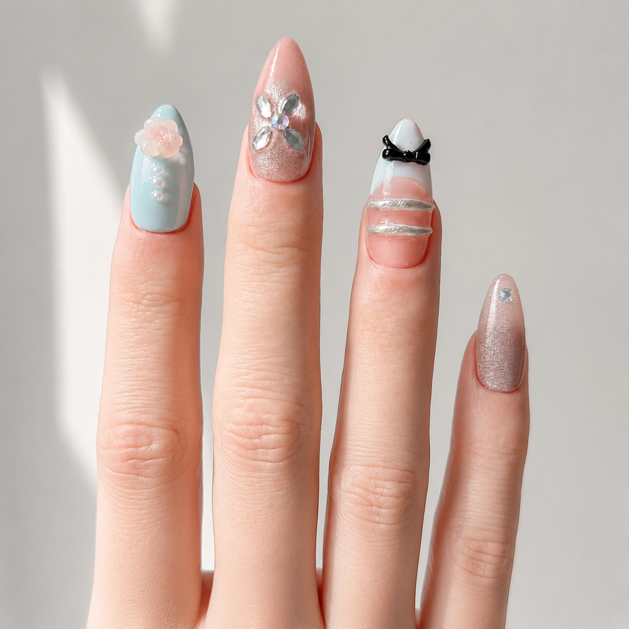 Handmade medium almond peach cat eye & pastel blue with 3D flower bow accent nails-Blue Signal A010