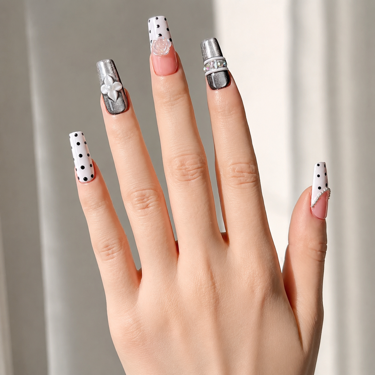 Handmade black & pink polka dot press on nails with 3D flower & rhinestone chain design  medium coffin false nails-Polka Noir Floral A014