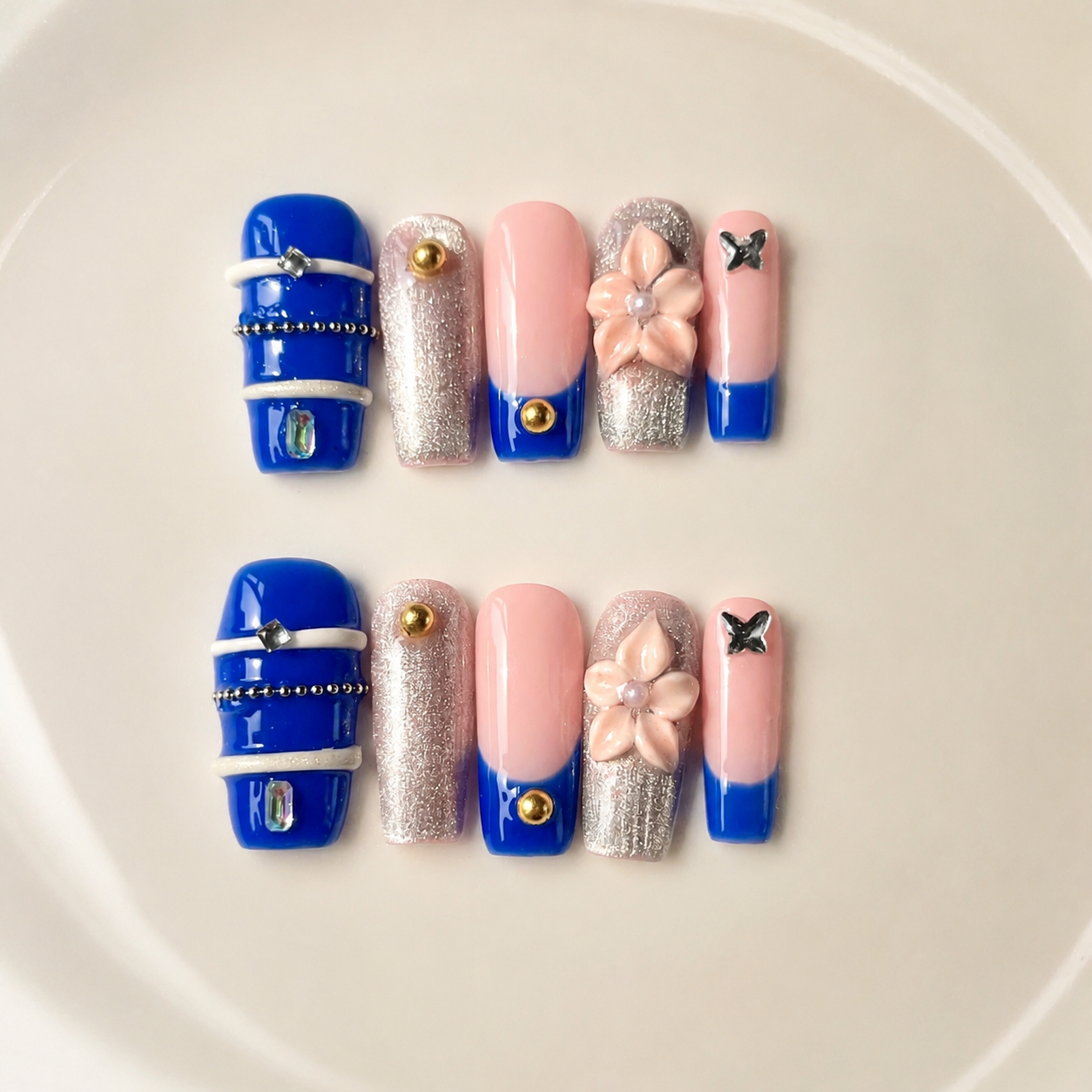 Handmade royal blue & silver glam with 3D flower medium coffin nails gold accent design-Blue Bloom A016
