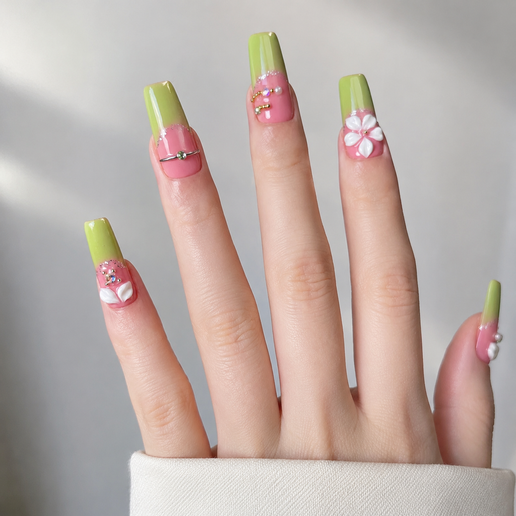Handmade medium coffin neon pink & lime green Press with 3D floral rhinestone summer nails-Green party A011