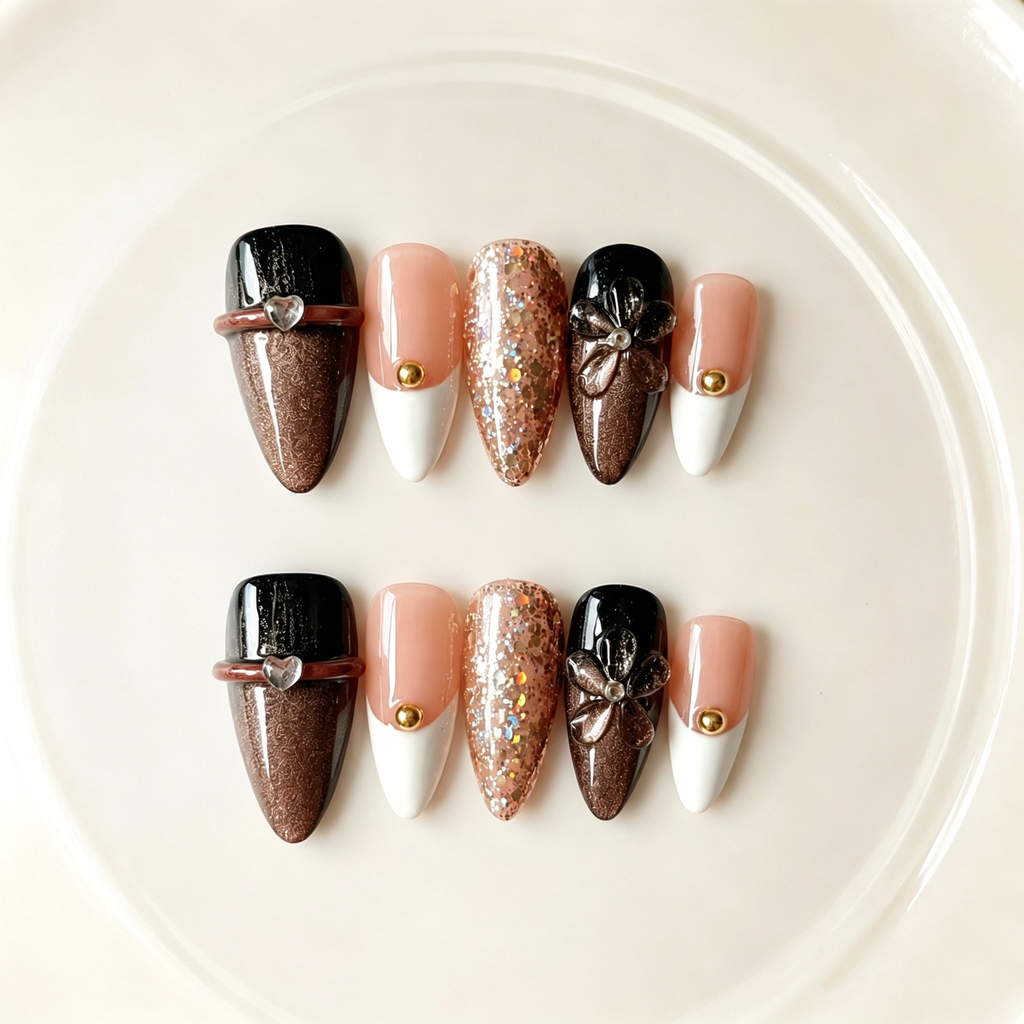 -Handmade espresso brown & black with 3D floral design, glitter gradient & gold accent medium almond nailsMocha Noir A015