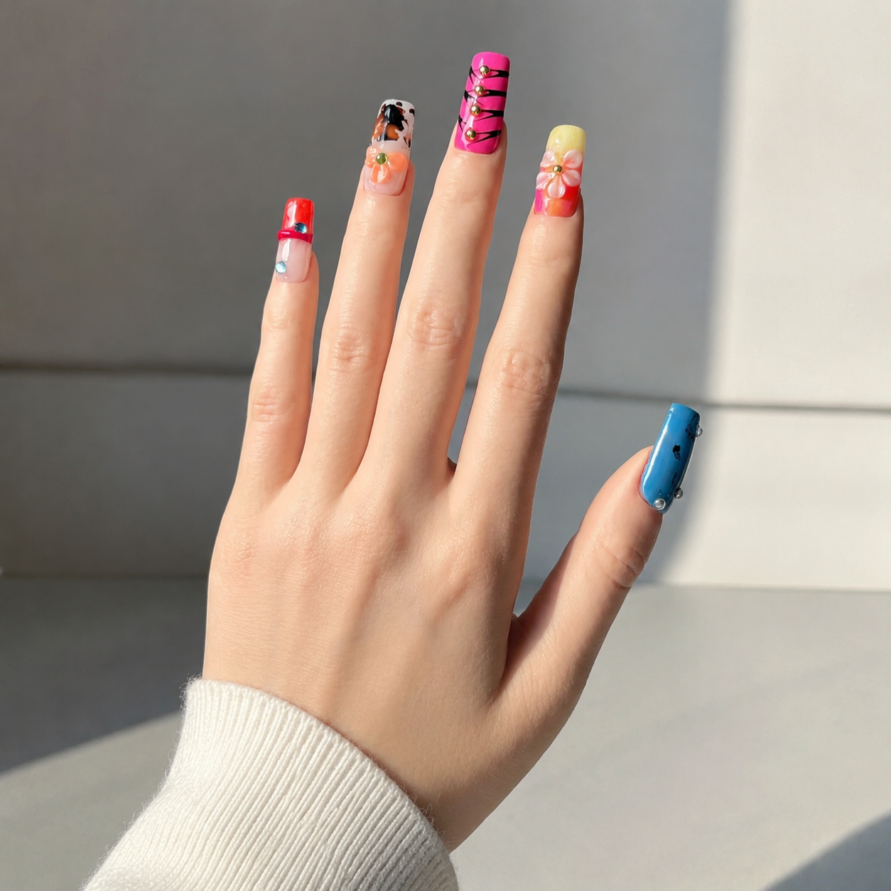 Handmade medium coffin floral rhinestone glitter blue pink design acrylic nails full cover nails-Neon Mosaic A017