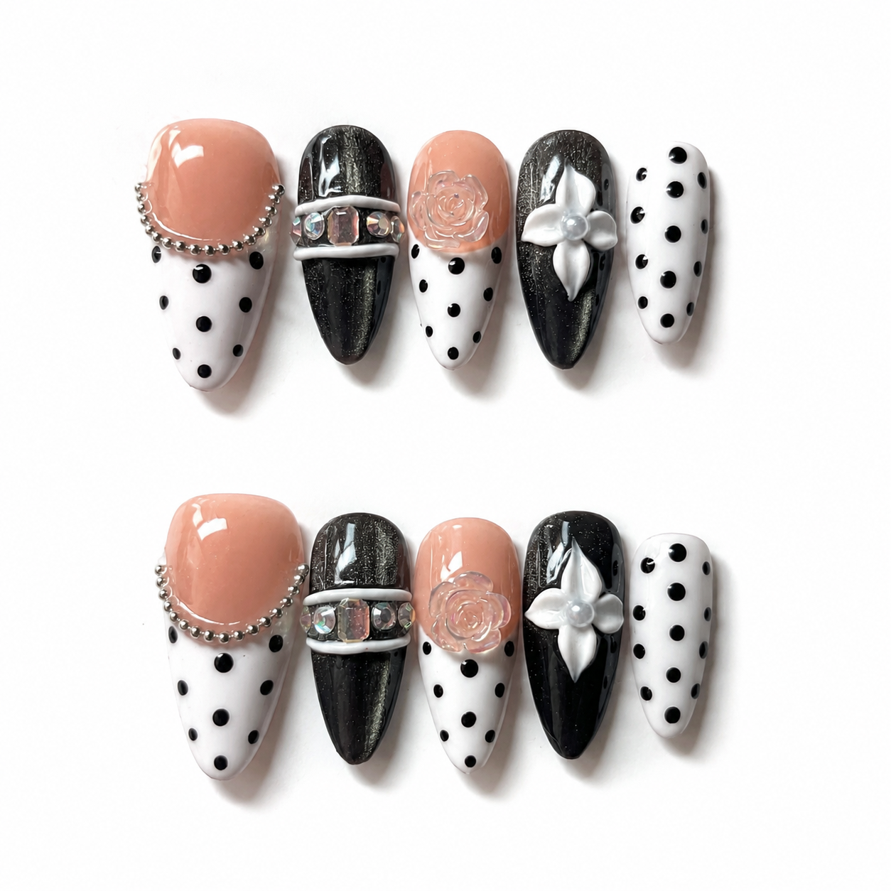 Vintage handmade medium almond black white polka dot nails& pearl flower design with luxury 3D flower