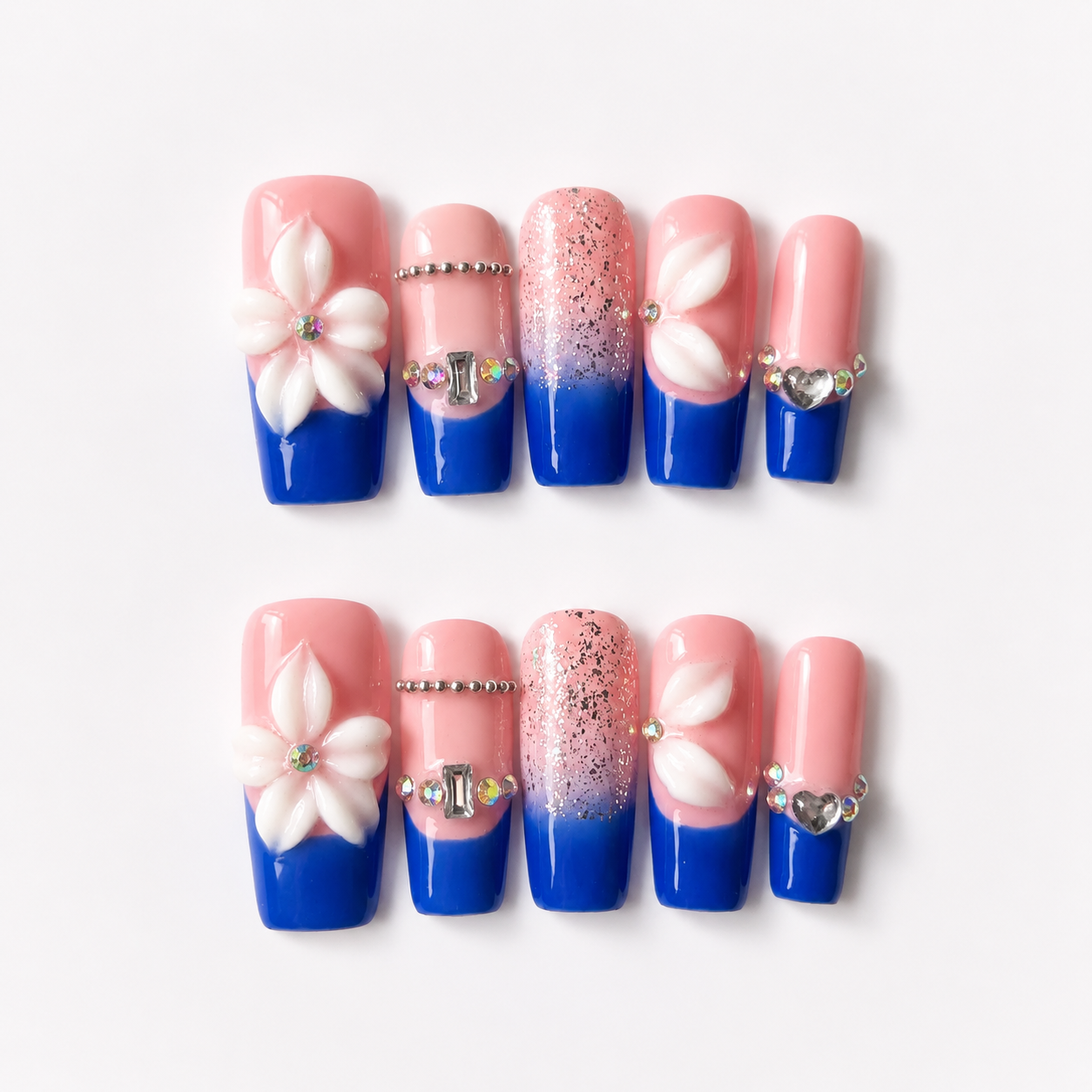 Vintage handmade medium coffin pink blue french tip press on nails floral 3D flower rhinestone coffin false nails-Blue Petal A013