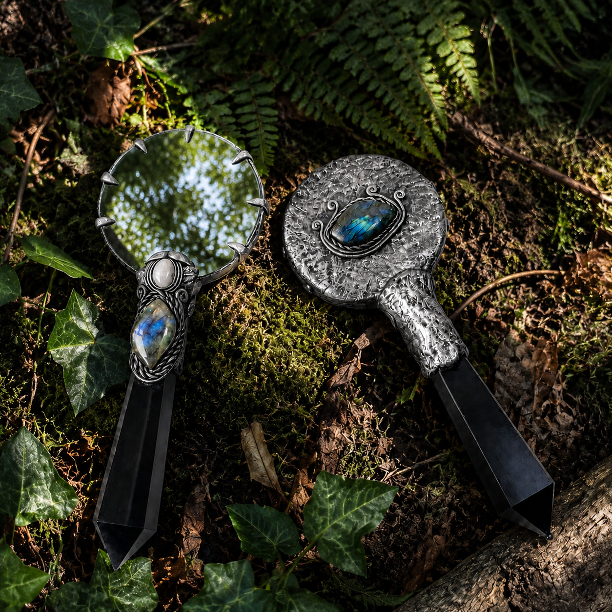 Obsidian crystal hand mirror – labradorite & lepidolite gothic scrying wand mirror C004