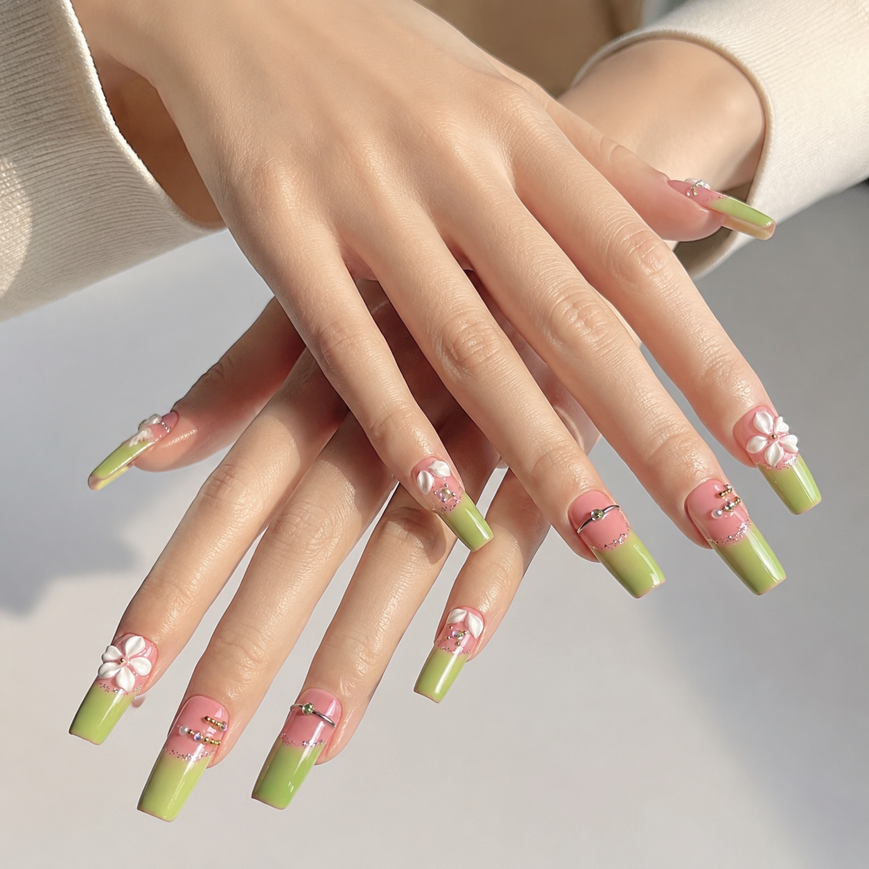 Handmade medium coffin neon pink & lime green Press with 3D floral rhinestone summer nails-Green party A011