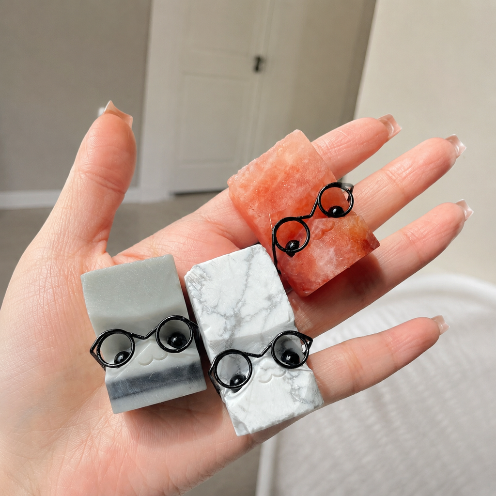 Multi-material crystal carved figurine assorted crystal raw stones cut into block shapes wearing glasses small statues-C005
