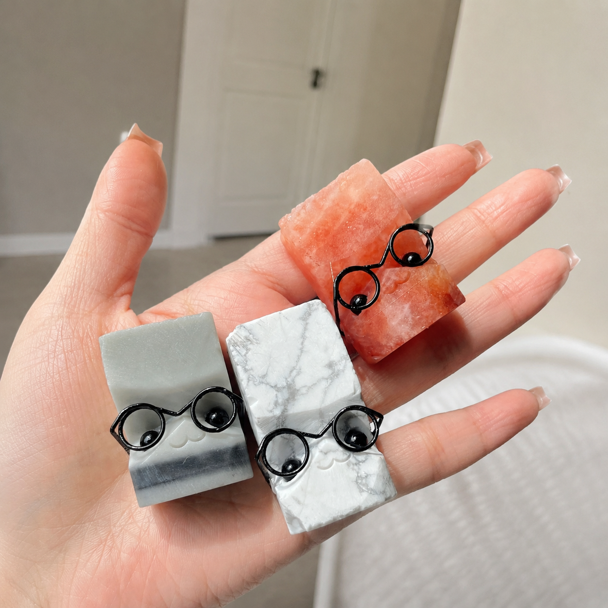 Multi-material crystal carved figurine assorted crystal raw stones cut into block shapes wearing glasses small statues-C005