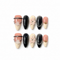 Handmade medium almond black cat eye nude pink floral 3D flower rhinestone elegant fake nails-Midnight Petal A019