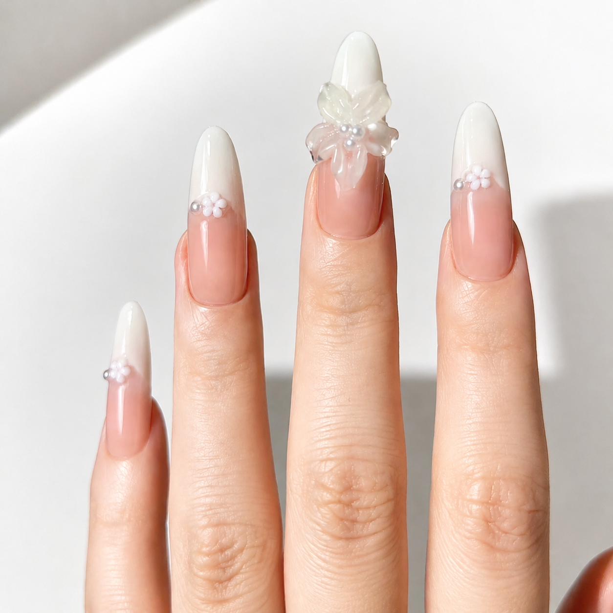 Handmade long oval blush peach 3D floral white french tip nails elegant pearl accent bridal nail-Wedding Dress A023