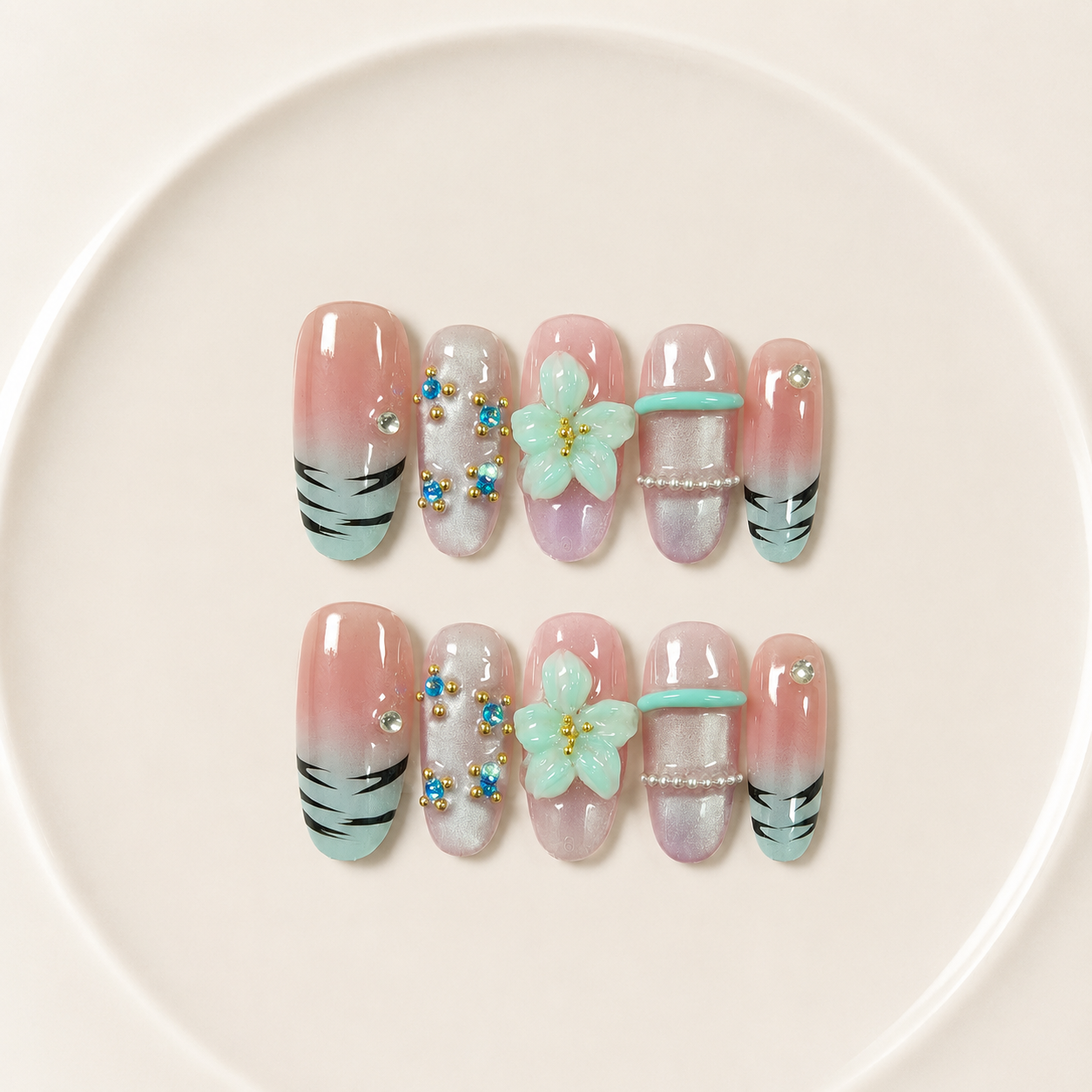 Handmade medium almond 3D floral nails pastel bloom Y2K pink mint Floral Pearl Accent Set-Summer of Mint A022