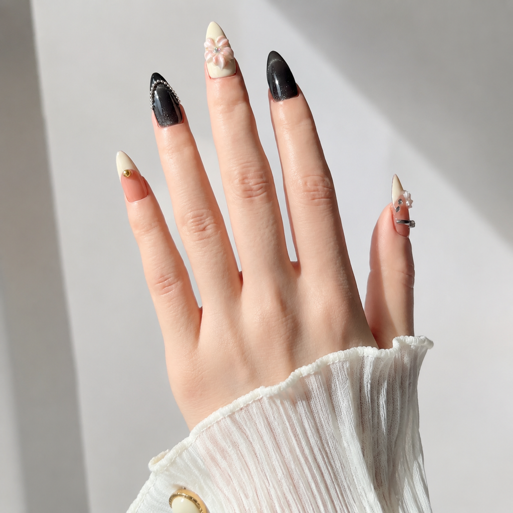 Handmade medium almond black cat eye nude pink floral 3D flower rhinestone elegant fake nails-Midnight Petal A019