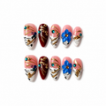 Handmade medium almond 3D floral nails rhinestone luxury art statement pink & blue design-Gypsy Flower A021