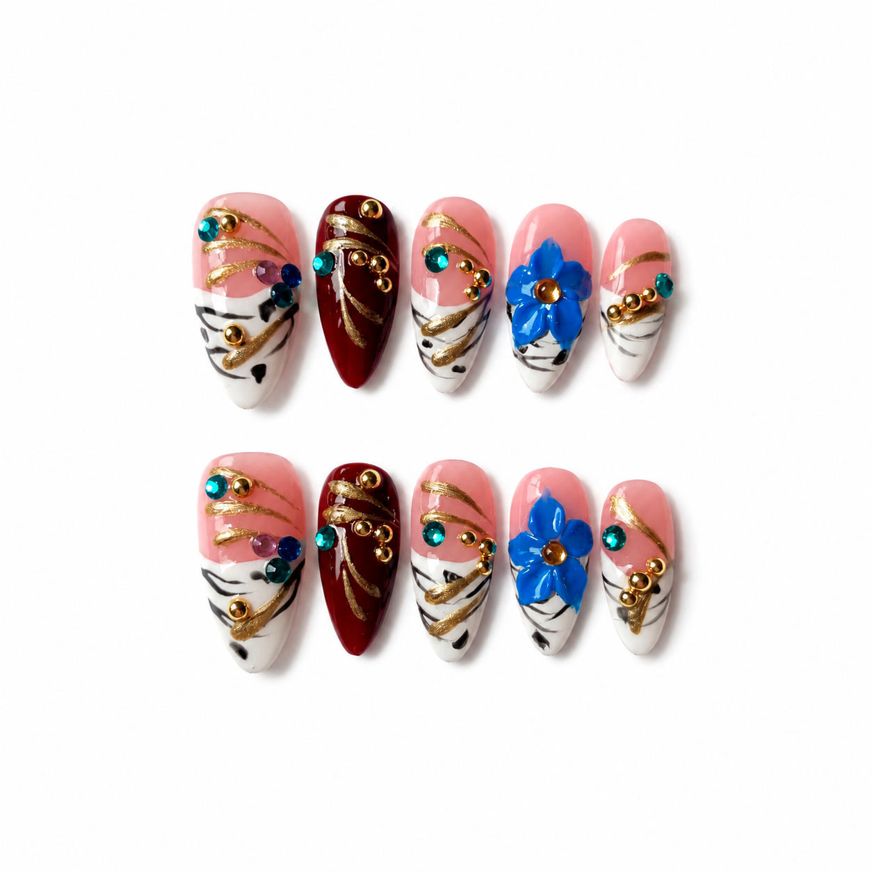 Handmade medium almond 3D floral nails rhinestone luxury art statement pink & blue design-Gypsy Flower A021