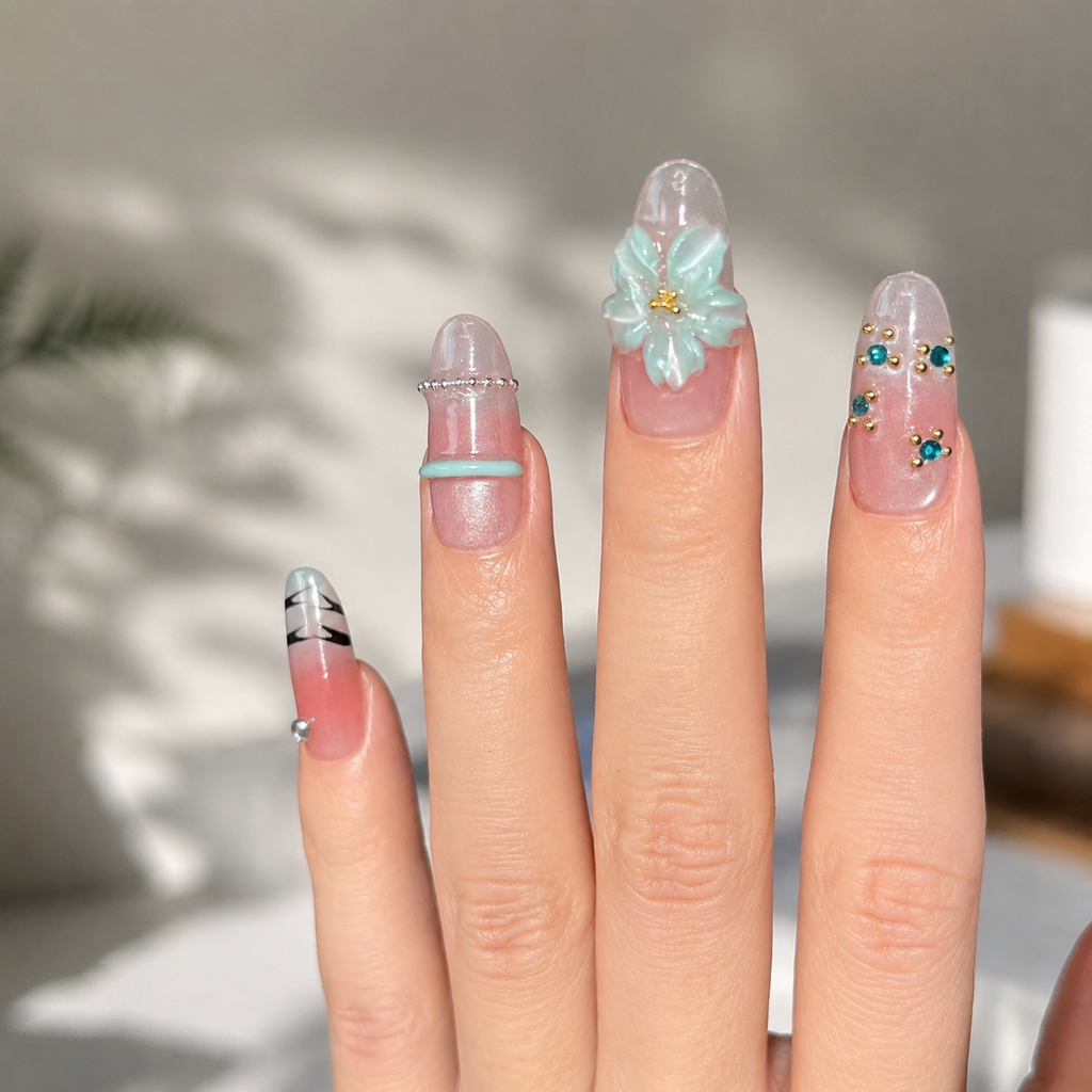 Handmade medium almond 3D floral nails pastel bloom Y2K pink mint Floral Pearl Accent Set-Summer of Mint A022