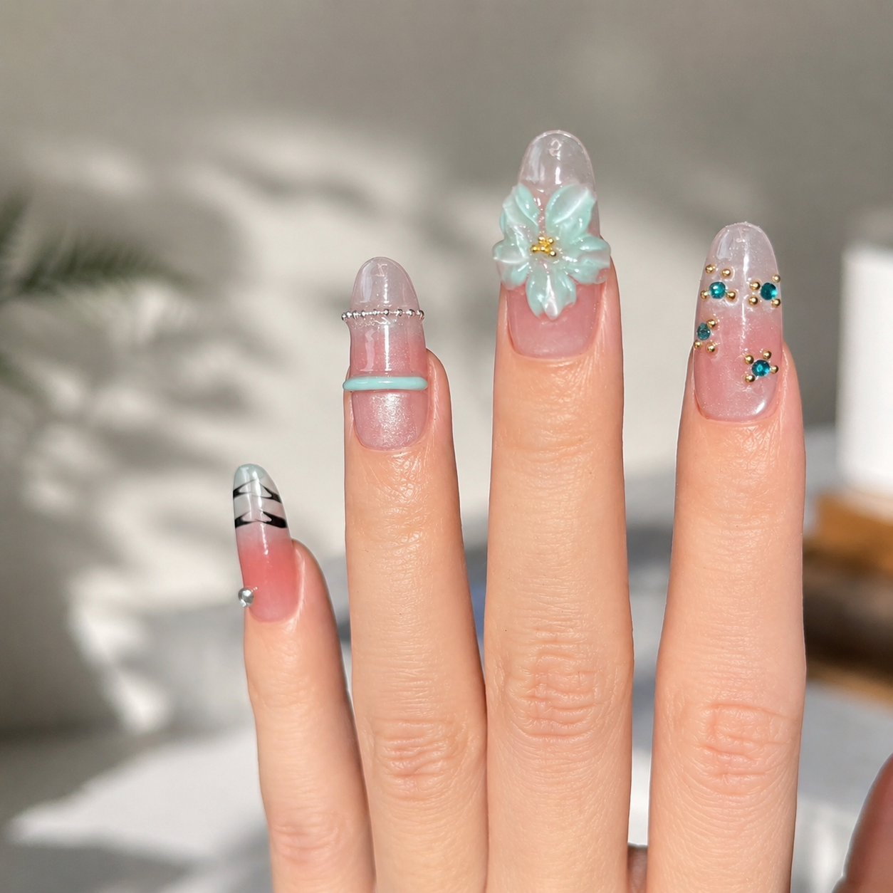 Handmade medium almond 3D floral nails pastel bloom Y2K pink mint Floral Pearl Accent Set-Summer of Mint A022