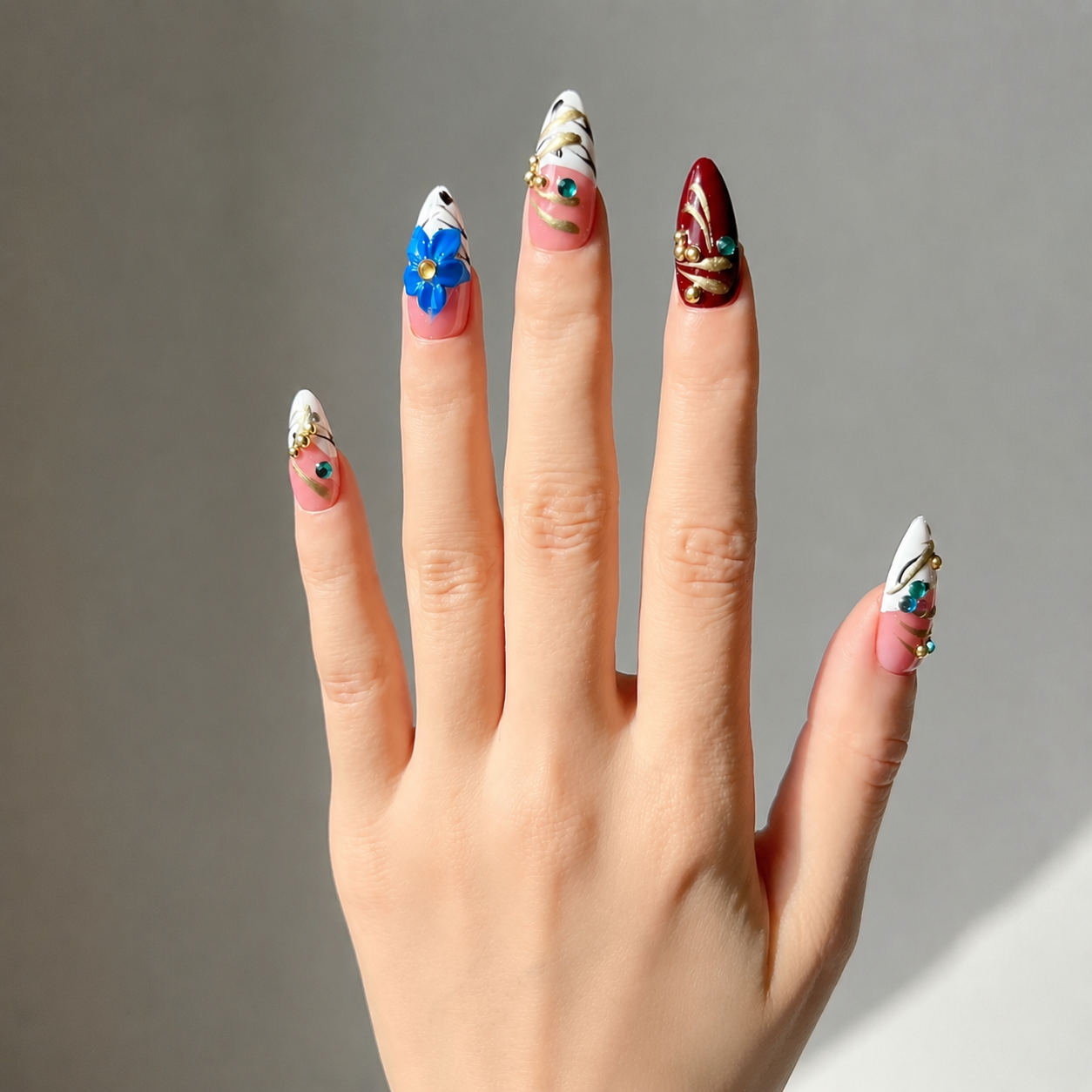 Handmade medium almond 3D floral nails rhinestone luxury art statement pink & blue design-Gypsy Flower A021