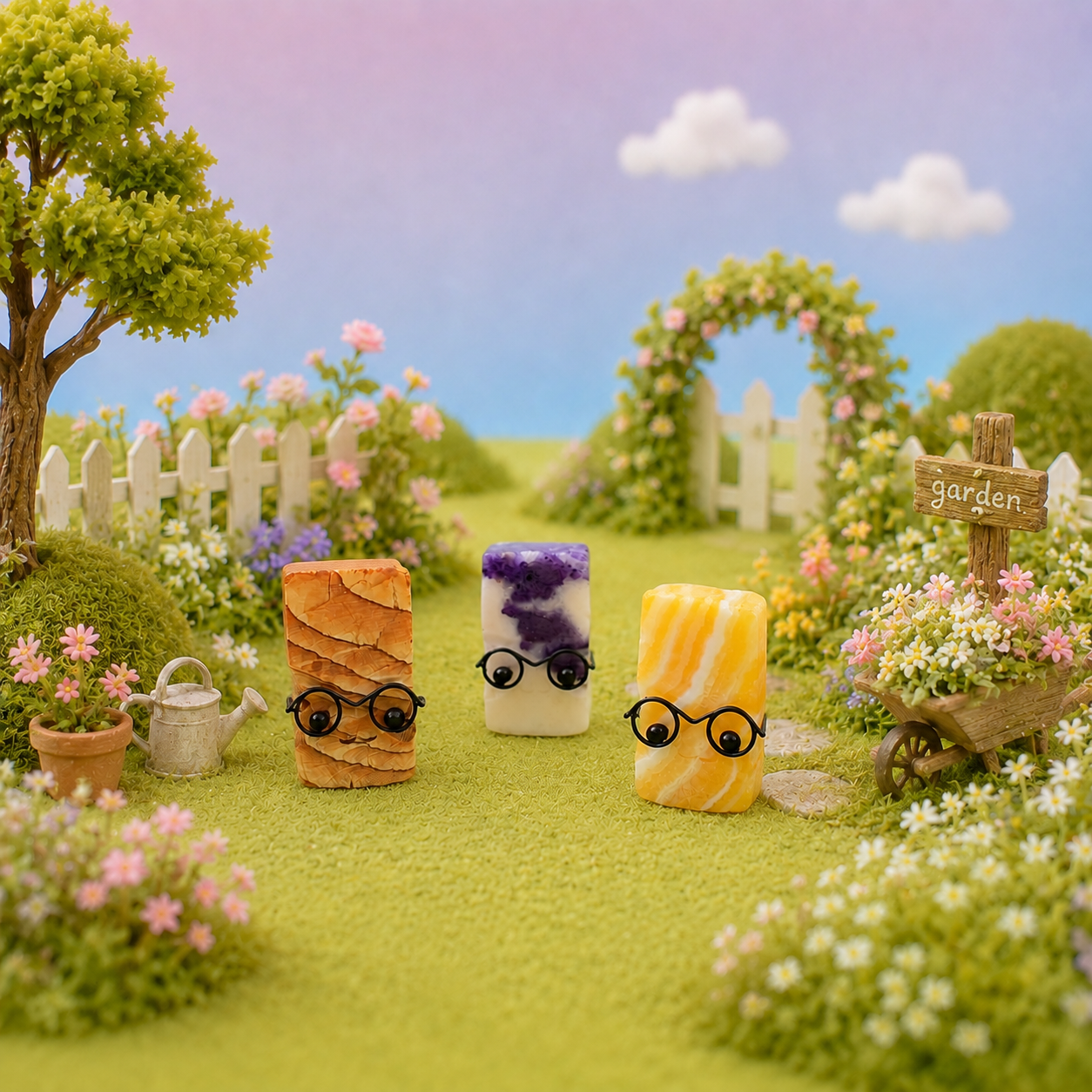 Multi-material crystal carved figurine assorted crystal raw stones cut into block shapes wearing glasses small statues-C005