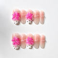 Handmade medium oval press on nails pink floral 3D flower polka dot french tip-Pink Bubble A020