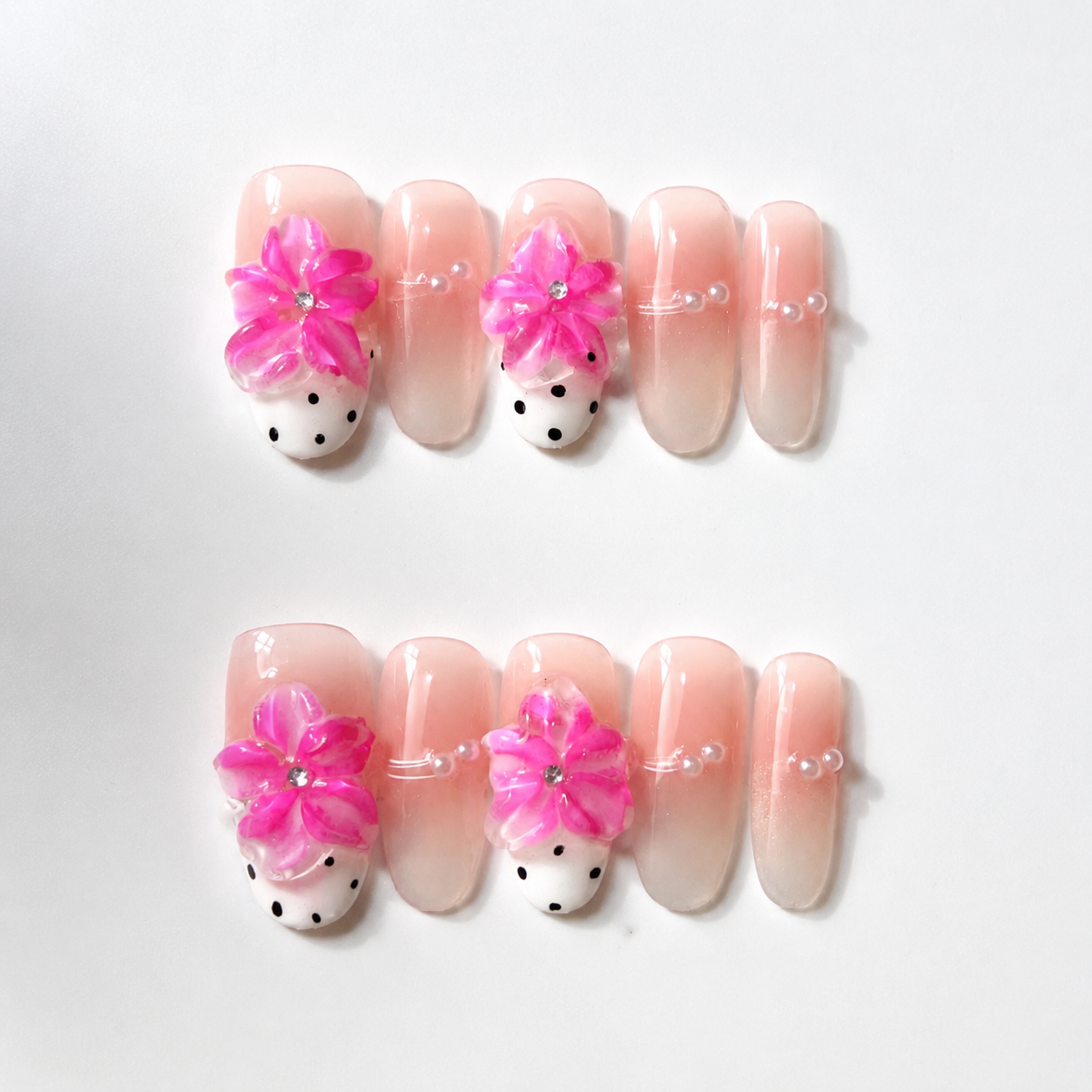 Handmade medium oval press on nails pink floral 3D flower polka dot french tip-Pink Bubble A020
