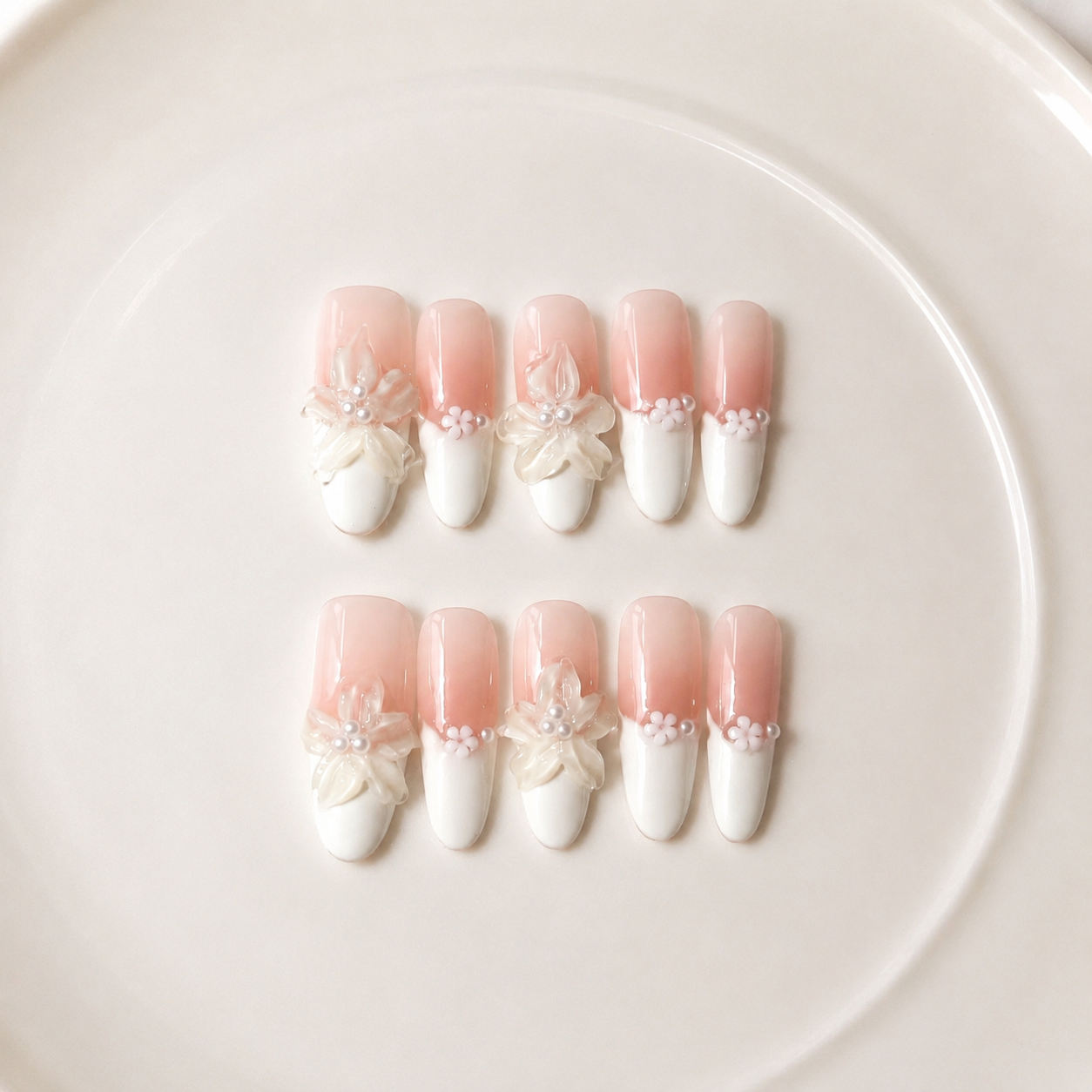 Handmade long oval blush peach 3D floral white french tip nails elegant pearl accent bridal nail-Wedding Dress A023