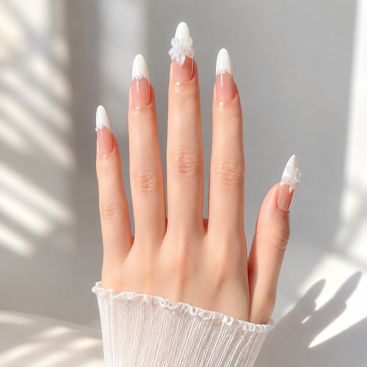 Handmade long oval blush peach 3D floral white french tip nails elegant pearl accent bridal nail-Wedding Dress A023