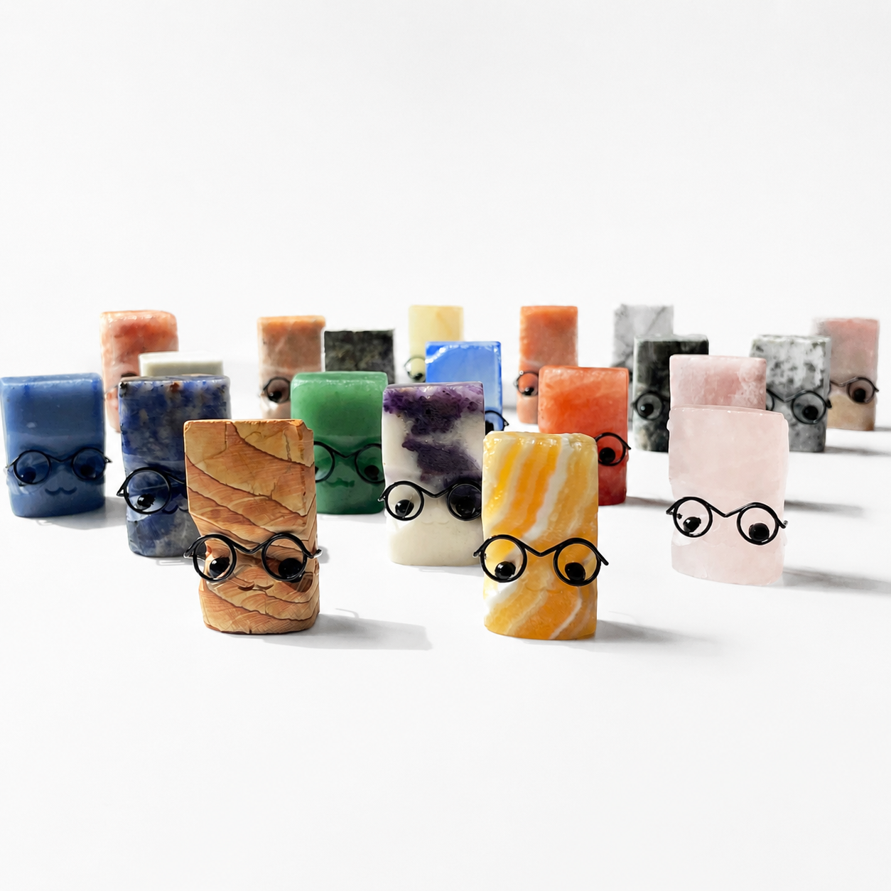 Multi-material crystal carved figurine assorted crystal raw stones cut into block shapes wearing glasses small statues-C005