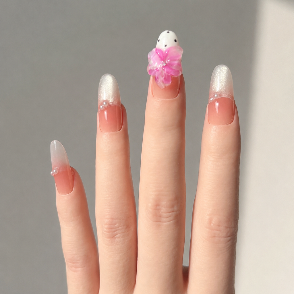 Handmade medium oval press on nails pink floral 3D flower polka dot french tip-Pink Bubble A020