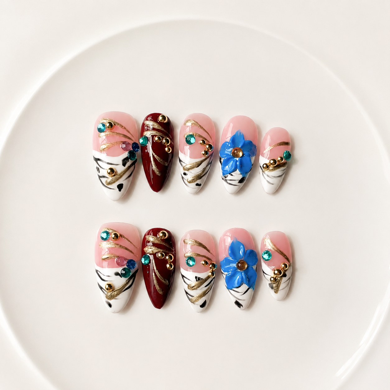 Handmade medium almond 3D floral nails rhinestone luxury art statement pink & blue design-Gypsy Flower A021