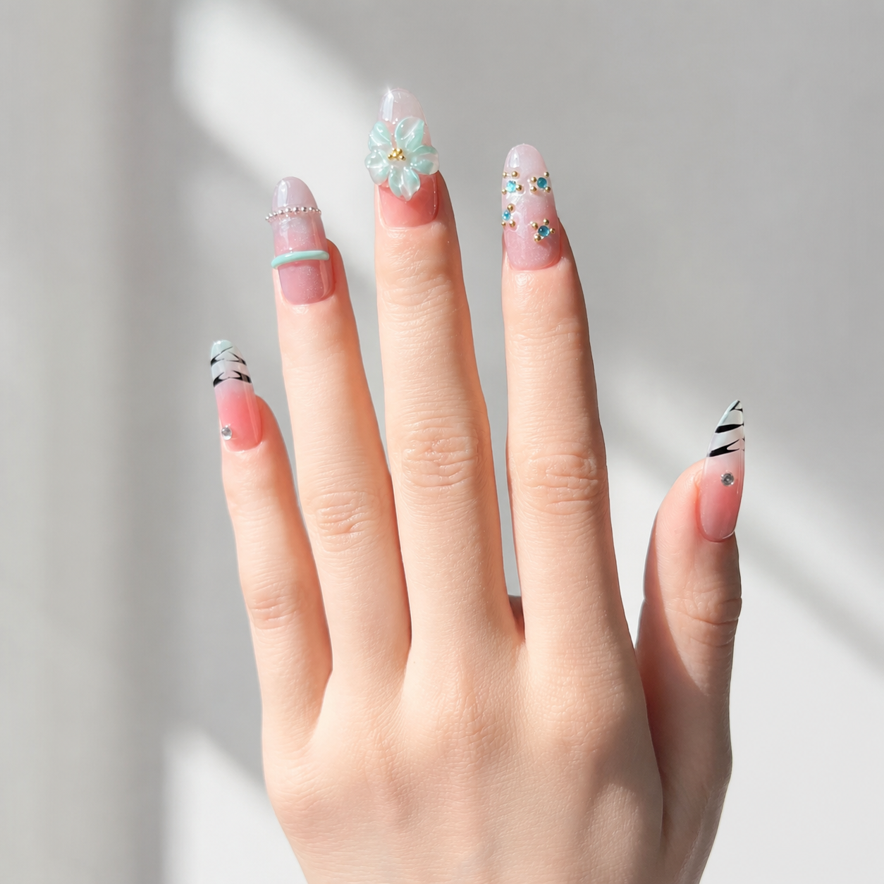 Handmade medium almond 3D floral nails pastel bloom Y2K pink mint Floral Pearl Accent Set-Summer of Mint A022