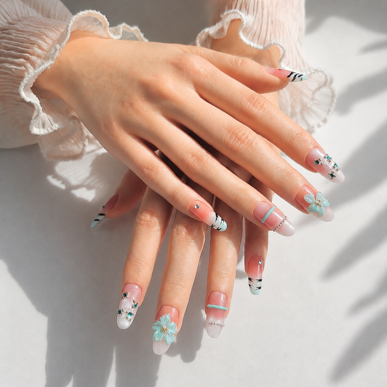 Handmade medium almond 3D floral nails pastel bloom Y2K pink mint Floral Pearl Accent Set-Summer of Mint A022