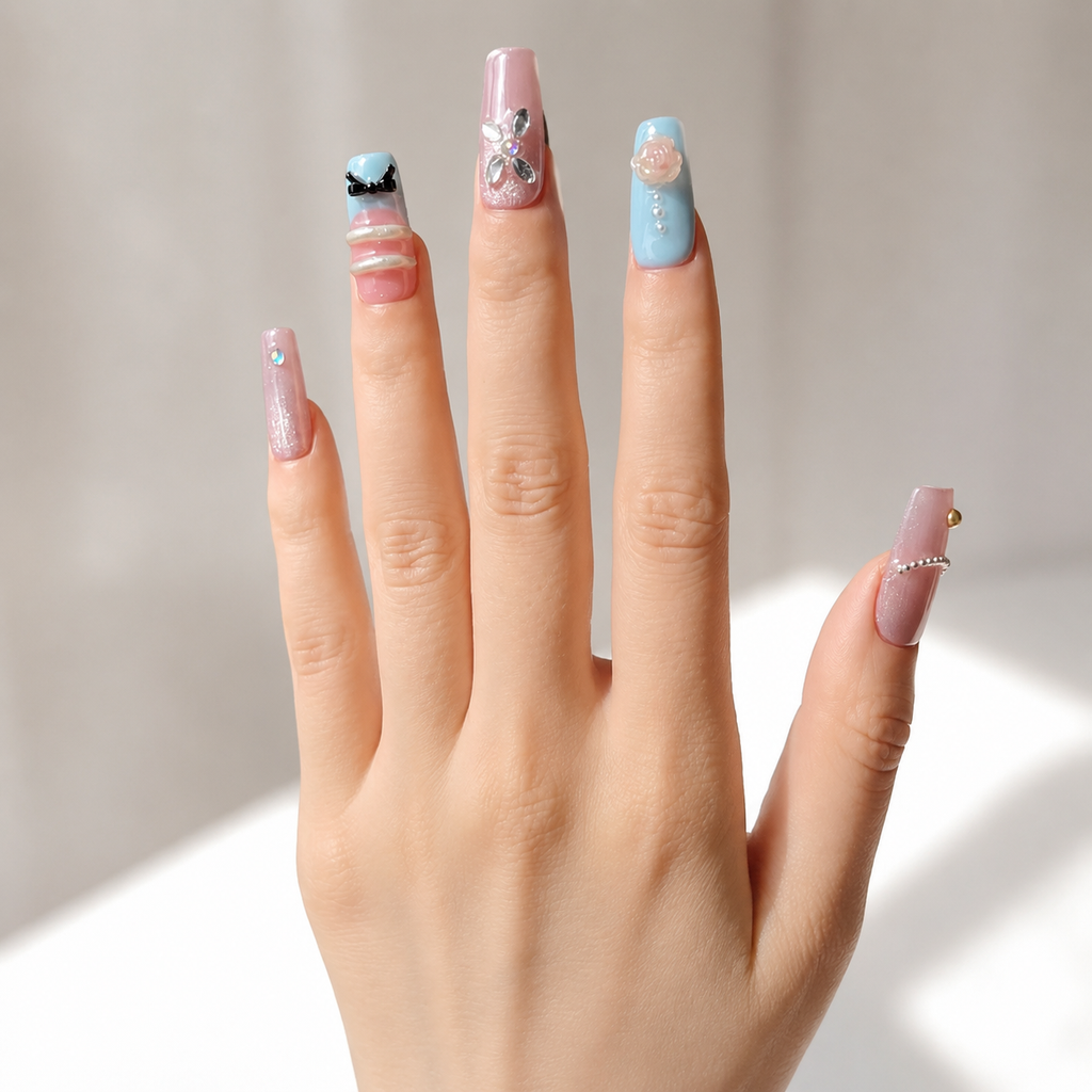 Handmade pastel pink & baby blue 3D bow Y2K rhinestone floral cute medium coffin nail-Pink Blue Glow A024